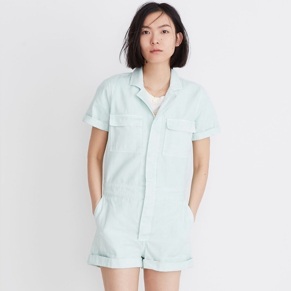 Madewell  short coveralls in sea foam green/light mint denim size small NWT